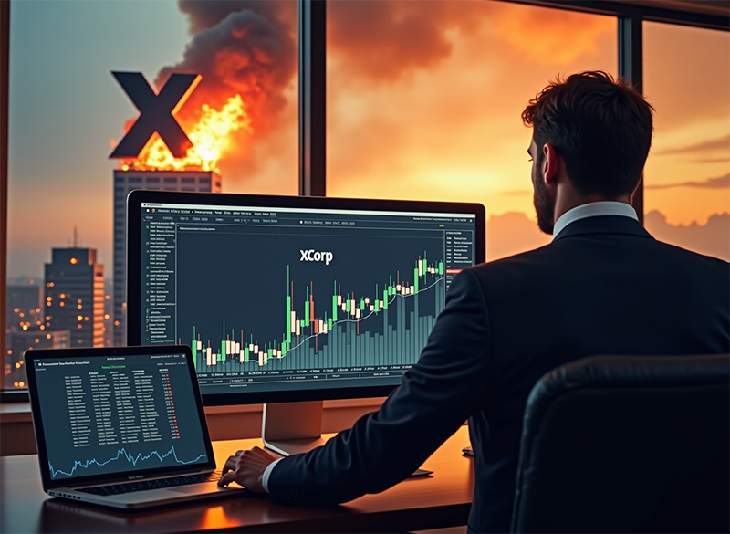 un hombre estudia el gráfico de la empresa «X Corp» mientras las oficinas centrales de dicha empresa arden frente a su ventana
