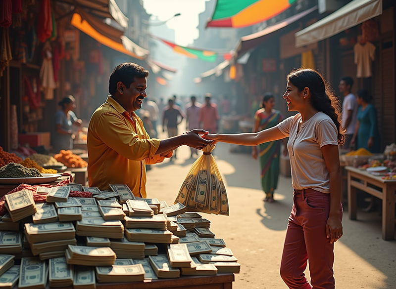 mujer comprando una bolsa de billetes en un mercado de la India