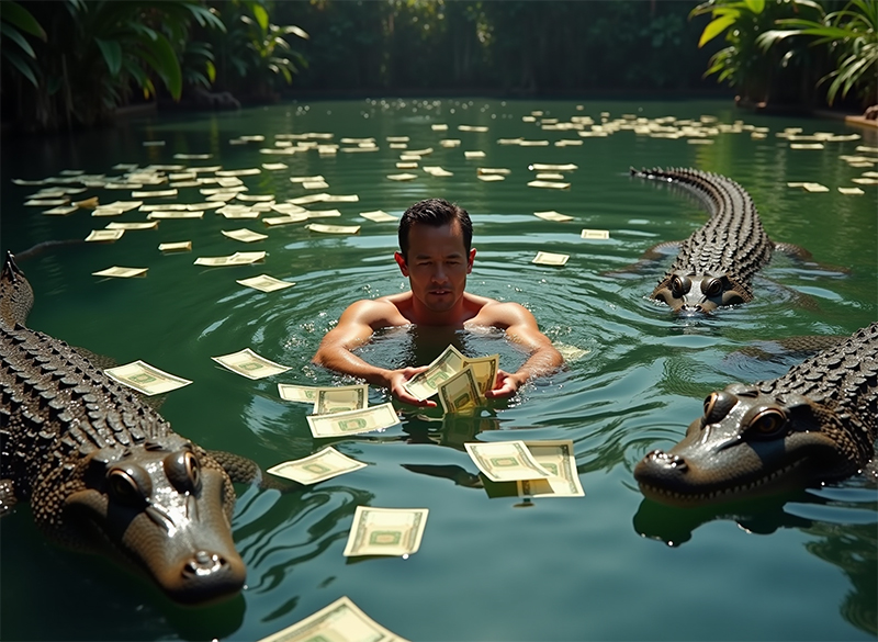 hombre recogiendo billetes que flotan en una laguna mientras es rodeado por cocodrilos