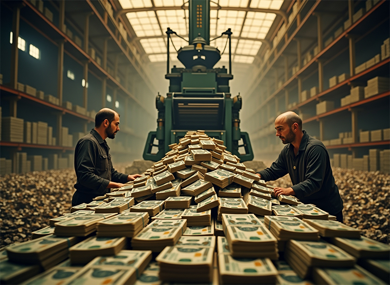 Dos operarios en una imprenta de dinero junto a un montón enorme de fajos de billetes
