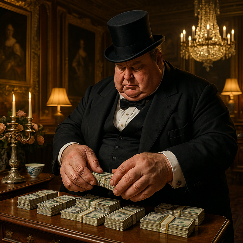 un señor gordo y opulento con chistera cuenta fajos de billetes en una habitación palaciega