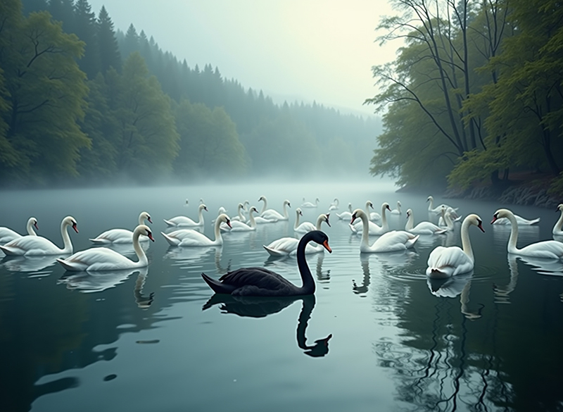 Una imagen bucólica de un lago con cisnes blancos salvo uno que es negro