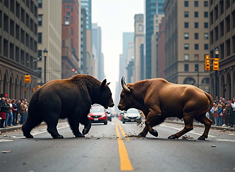 Un oso y un toro luchando en medio de una calle en una gran ciudad