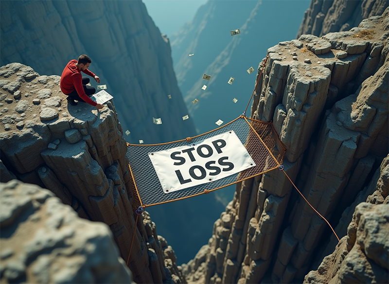 un hombre se prepara para cruzar un abismo entre montañas protegido por una red bajo él en la que pone «Stop loss».